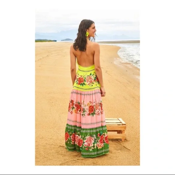 Farm Rio Manuela Halter Floral Scalloped Colorful Pastel Maxi Dress